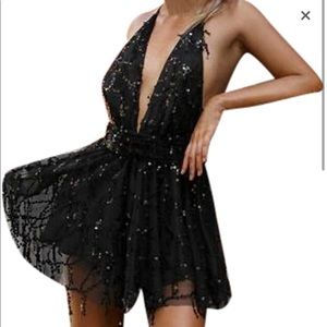 Black V Cut Sequin Romper